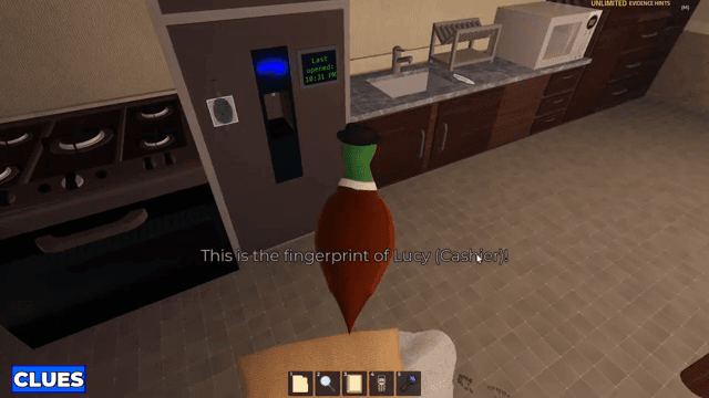 The Pizzeria fridge fingerprint reader identifying Lucy (Cashier) in one recorded run.