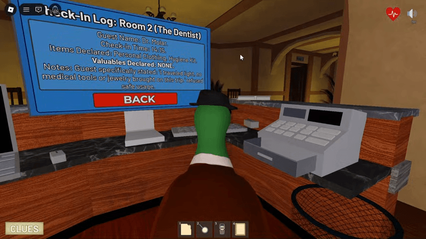 Room 2 check-in log for the Dentist lists no valuables and no jewelry on the trip.