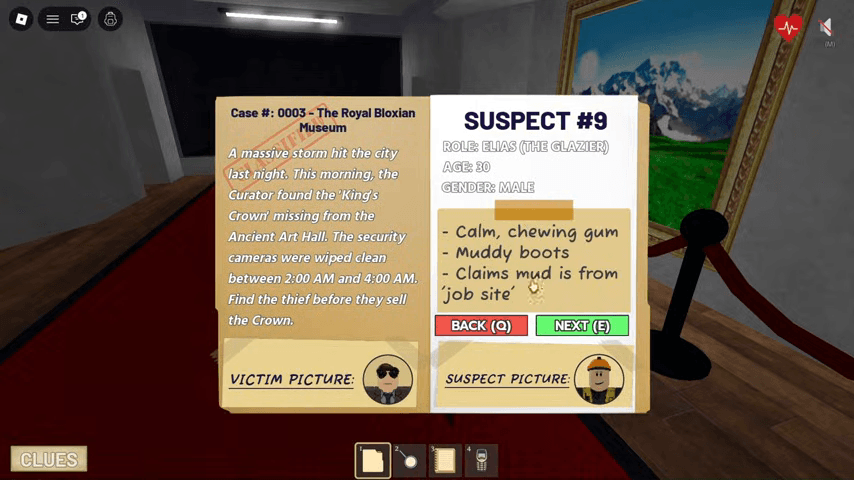 Museum case file shows the Glazer role and muddy boots clue.