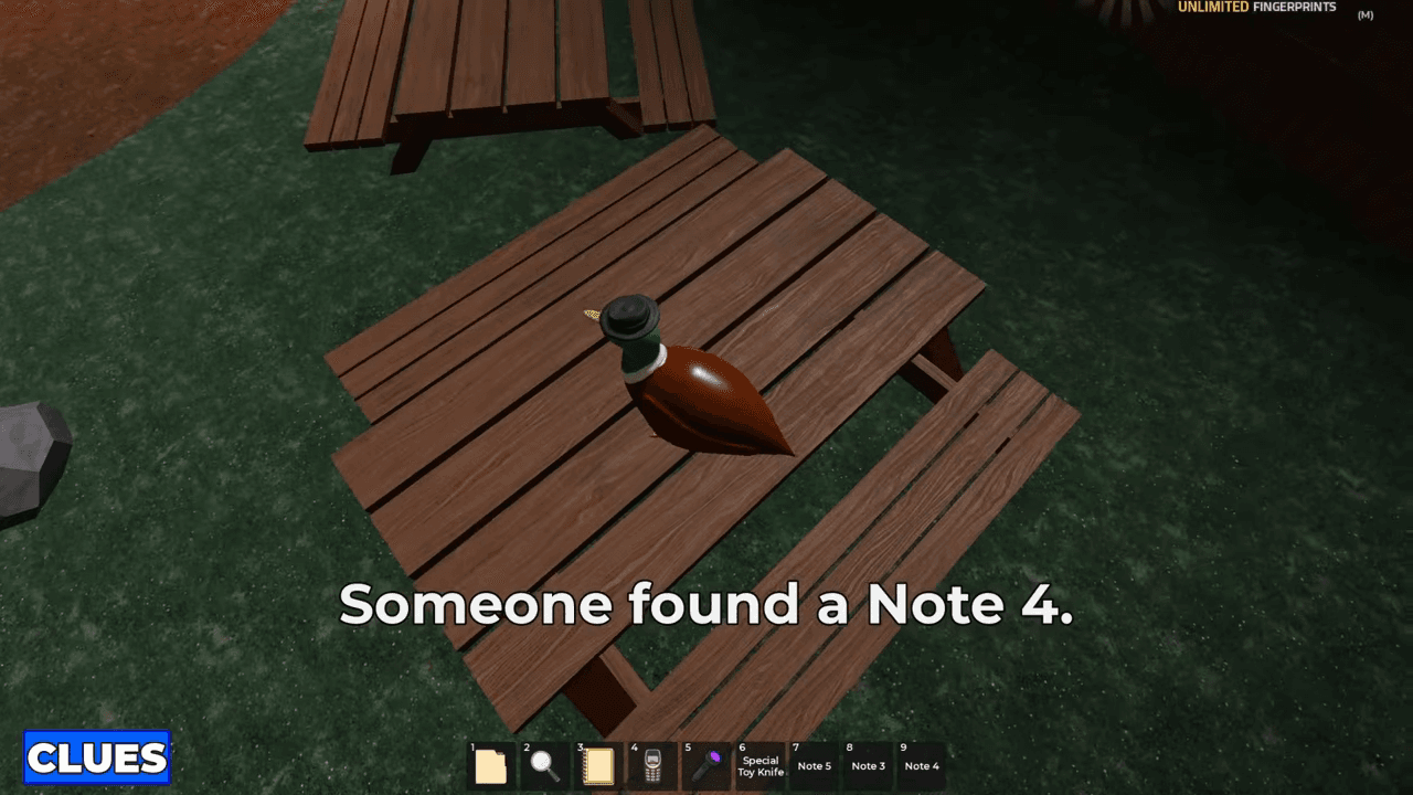 Note 4 is at the picnic table outside the cabins.