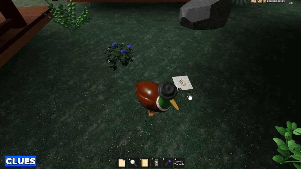 Note 5 is on the grass between the cabins beside the bench.